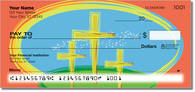 Click to see vibrant illustrations of the three crosses at Calvary on these Christian checks.