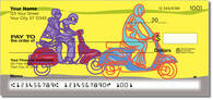 Click to see colorful sketches of mopeds and scooters on unique checks!