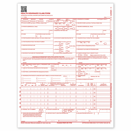 CMS-1500 Laser Sheet Insurance Claim Form, Version 02/12