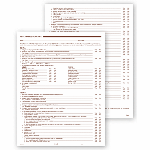 Dental Health History Questionnaires, 2 Sided, No Hole Punch