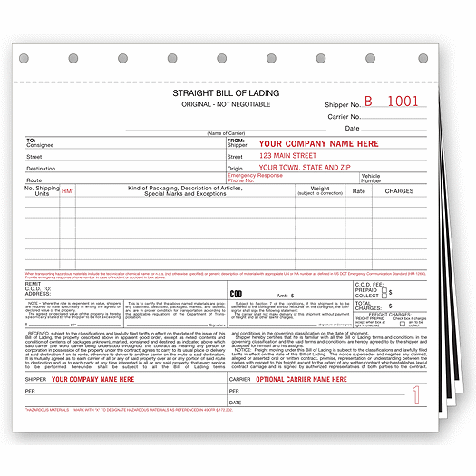 Small Format Bills of Lading with Carbon