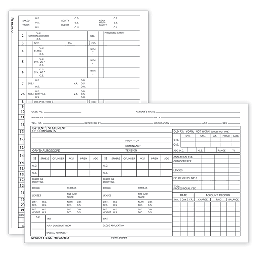 Optometry Analytical Record  Card, Two-Sided, 5  x 8