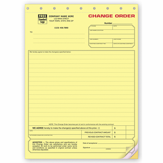 Change Order Form - Contractors - Yellow Carbonless