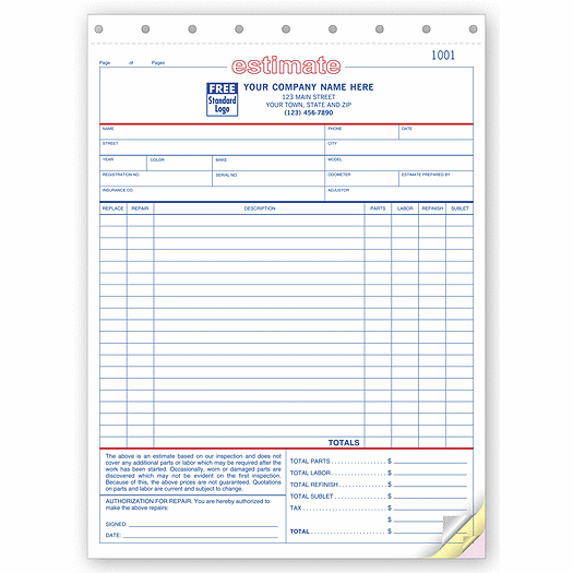 Auto Repair Estimates - Large Carbonless