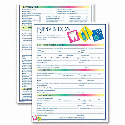 Spanish Two-Sided Registration & History Form, Dental Icon