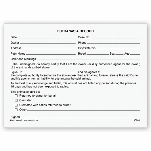 Veterinary Euthanasia Record Form Pads