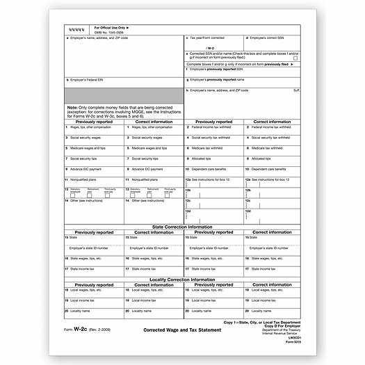 2020 Laser W-2C Corrected Wage State, City or Local Copy 1/D