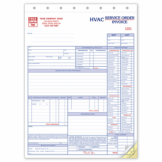Service Orders, HVAC, w/Checklist, Large Format