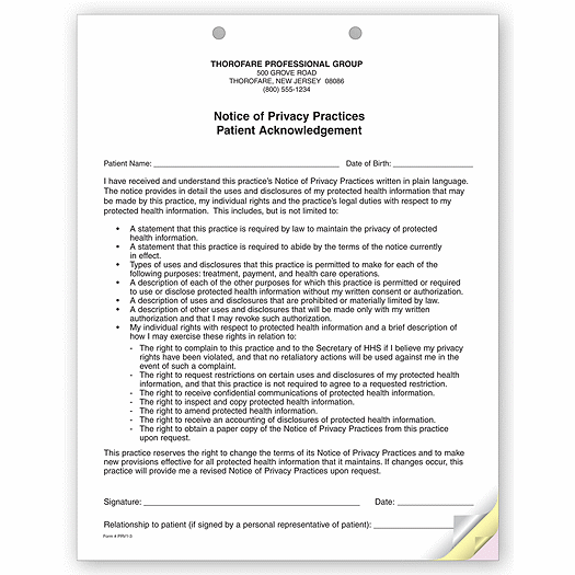 3-Part Notice of Privacy Practices HIPAA Acknowledgment