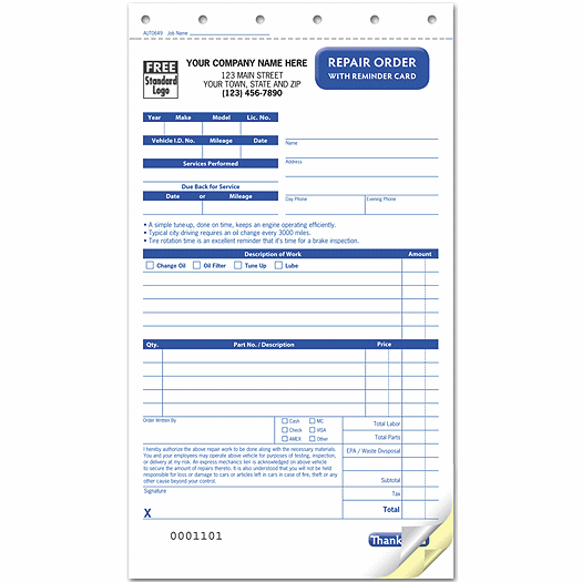 Repair Order with Reminder Card, Carbonless, Compact