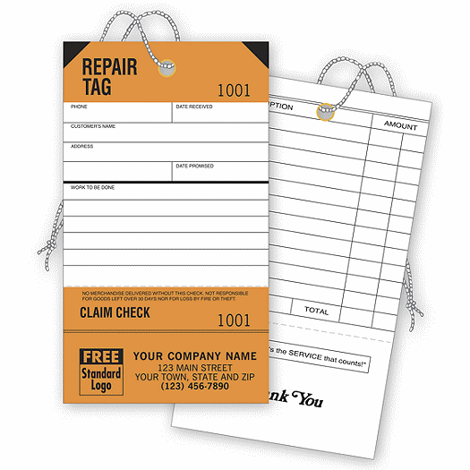 Repair Tags, Service, Orange, Detachable Claim Check