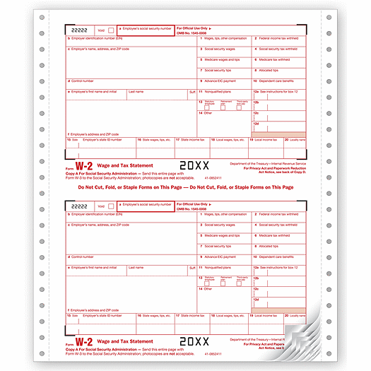 2020 Continuous W-2, One-Wide Sets, Carbonless