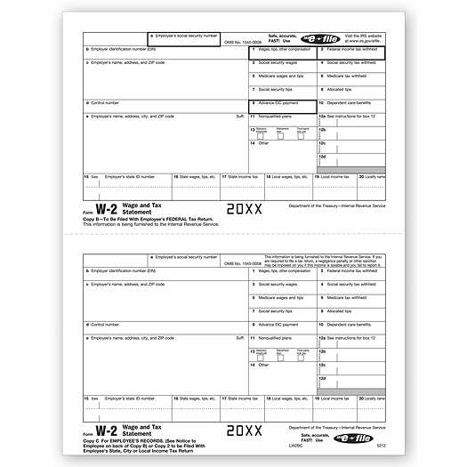 2020 Laser W-2, Employee Copy B and 2/C