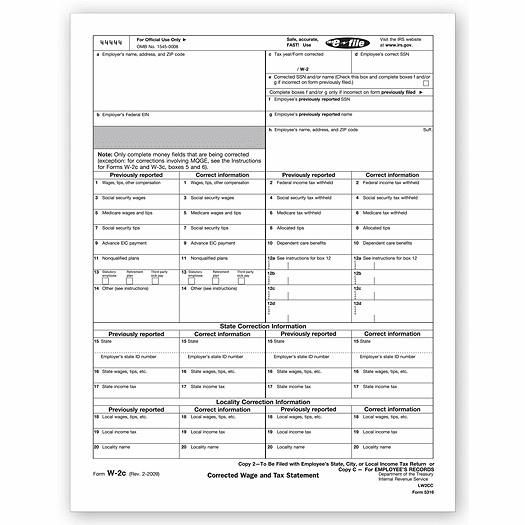 2020 Laser W-2C Corrected Wage, Employee Copy 2 or C