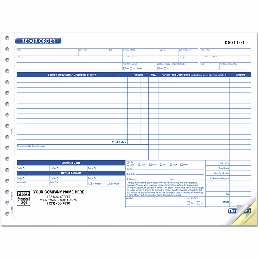 Repair Order with Key Tag, Carbonless
