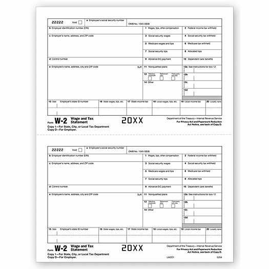 2020 Laser W-2, Employer Copy 1/Copy D, Bulk