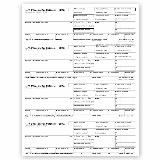 2020 4-Up Laser W-2, Employee Copy, Horizontal Format