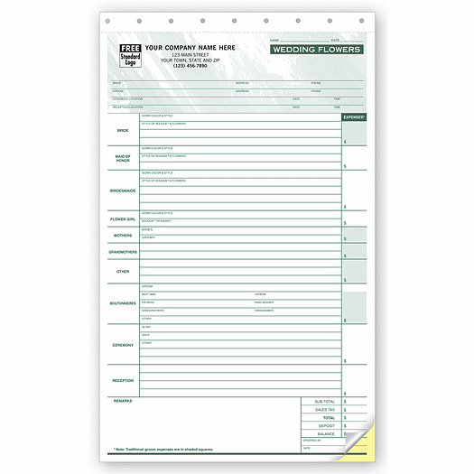 Wedding Flower Order Form -  Sales Orders - Color Large