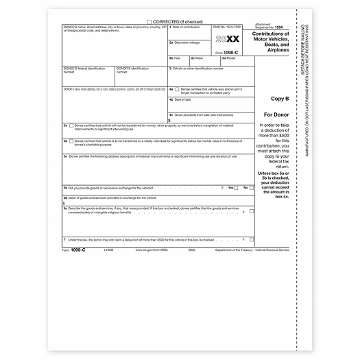 2020 Laser 1098-C, Copy B for Charitable Vehicle Deductions