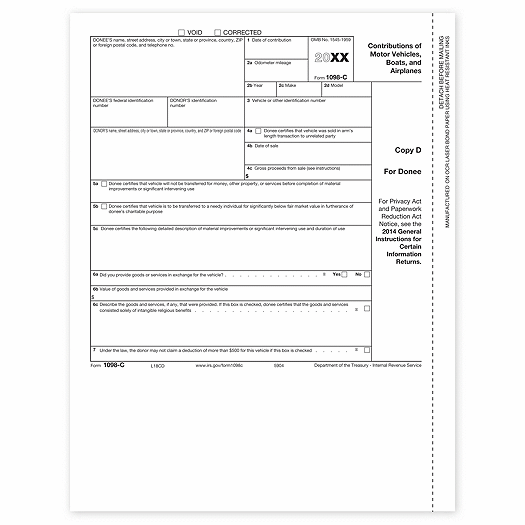 2020 Laser 1098-C, Copy D for Charitable Vehicle Deductions