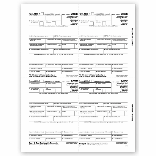 2020 4-Up Laser 1099-R, Recipient Copy B, C, 2