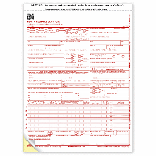 CMS-1500 Two-Part Carbonless Insurance Claim Form 0212
