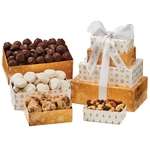 Gold Decadence Four-Tier Tower - Almond Tea Cookies, White Chocolate Mini Pretzels, Roasted Peanuts,