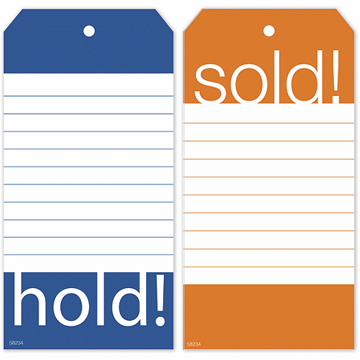 Hold & Sold Tag Set w/Blue and Orange Borders  2.375 x 4.75