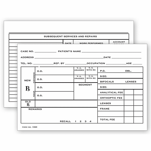 Optometry Rx Record Card, Two - Sided, 4  x 6