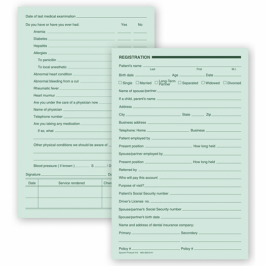 Dental Registration Forms, Two - Sided, Green Ledger