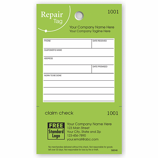 Repair Tag in Green w/White Fill-In Space 3.125 x 5.5