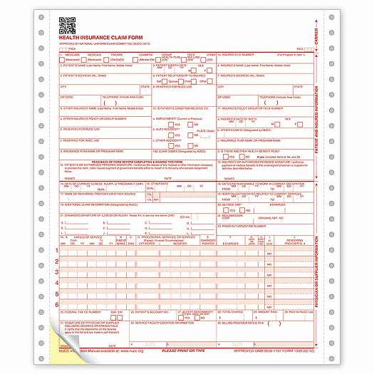 CMS-1500 Two-Part Continuous Insurance Claim Form 0212