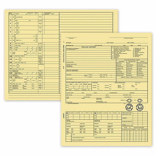 Optometry Exam Record Form, Folder Style - Card File
