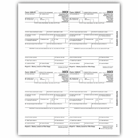 2020 4-Up Laser 1099-R Payer, State, Local or File Copy Bulk