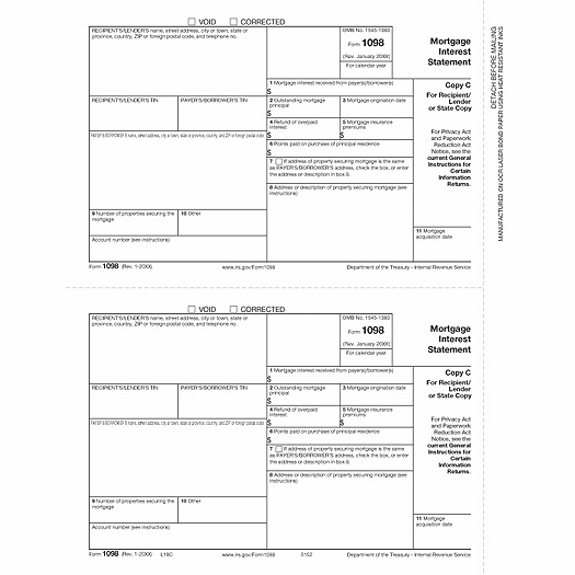 2020 Laser 1098 Mortgage Interest, Lender/State Copy C, Bulk