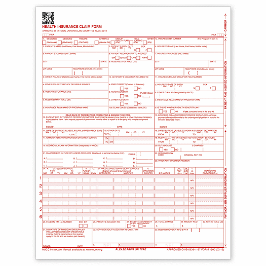 CMS-1500 Laser Pad Insurance Claim Form, Version 0212
