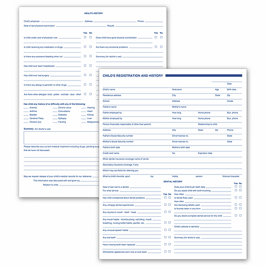 Dental Child Registration and History Forms, 2 Sided