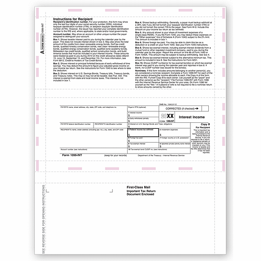 2020 Laser 1099-INT Income, Copy B, Pressure Seal