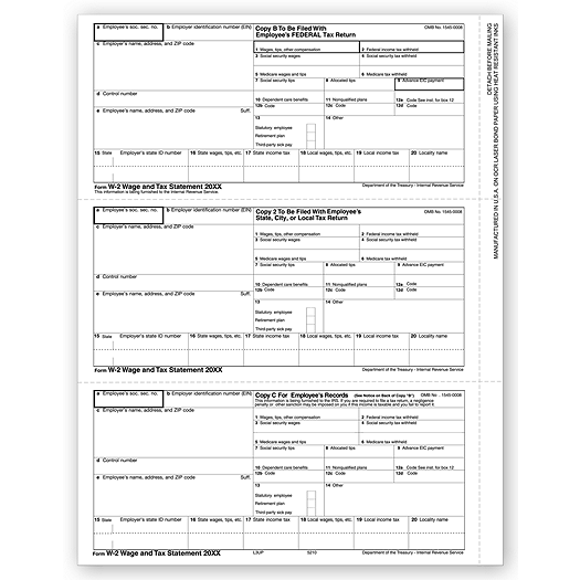 2020 3-Up Laser W-2, Employee Copy, Horizontal Format, Bulk
