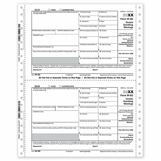 2020 Continuous W-2G, 6-part, Carbonless, Dateless
