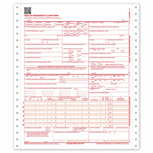 CMS-1500 One-Part Continuous Insurance Claim Form 0212