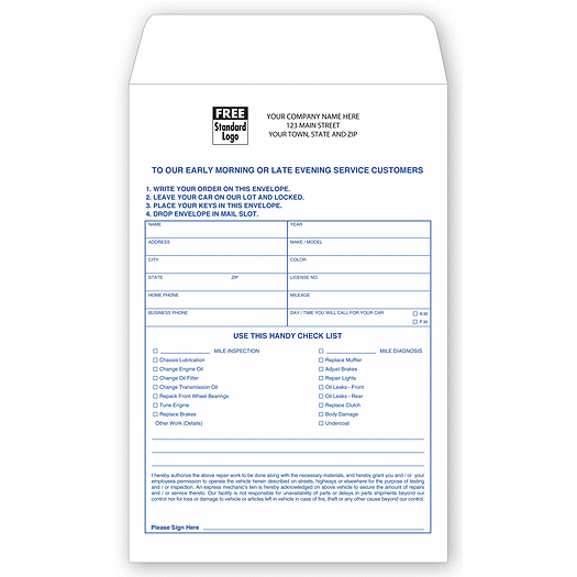 Overnight Auto Repair Envelope
