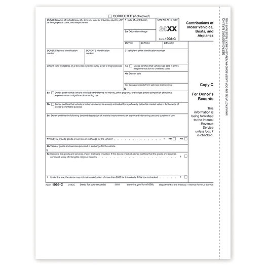 2020 Laser 1098-C, Copy C for Charitable Vehicle Deductions