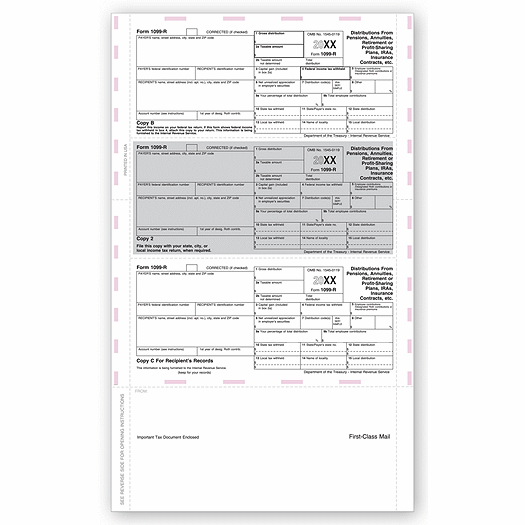 2020 14  3-Up Laser 1099-R, Horizontal Format, Pressure Seal