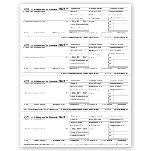 2020 4-Up Laser W-2, Employer Copy, Horizontal Format