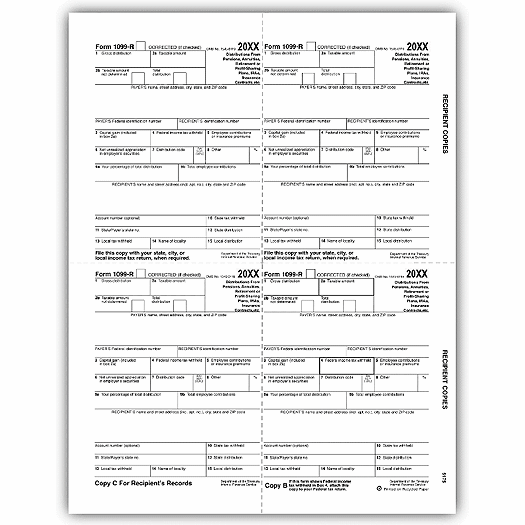2020 4-Up Laser 1099-R, Recipient Copy B, C, 2, Bulk